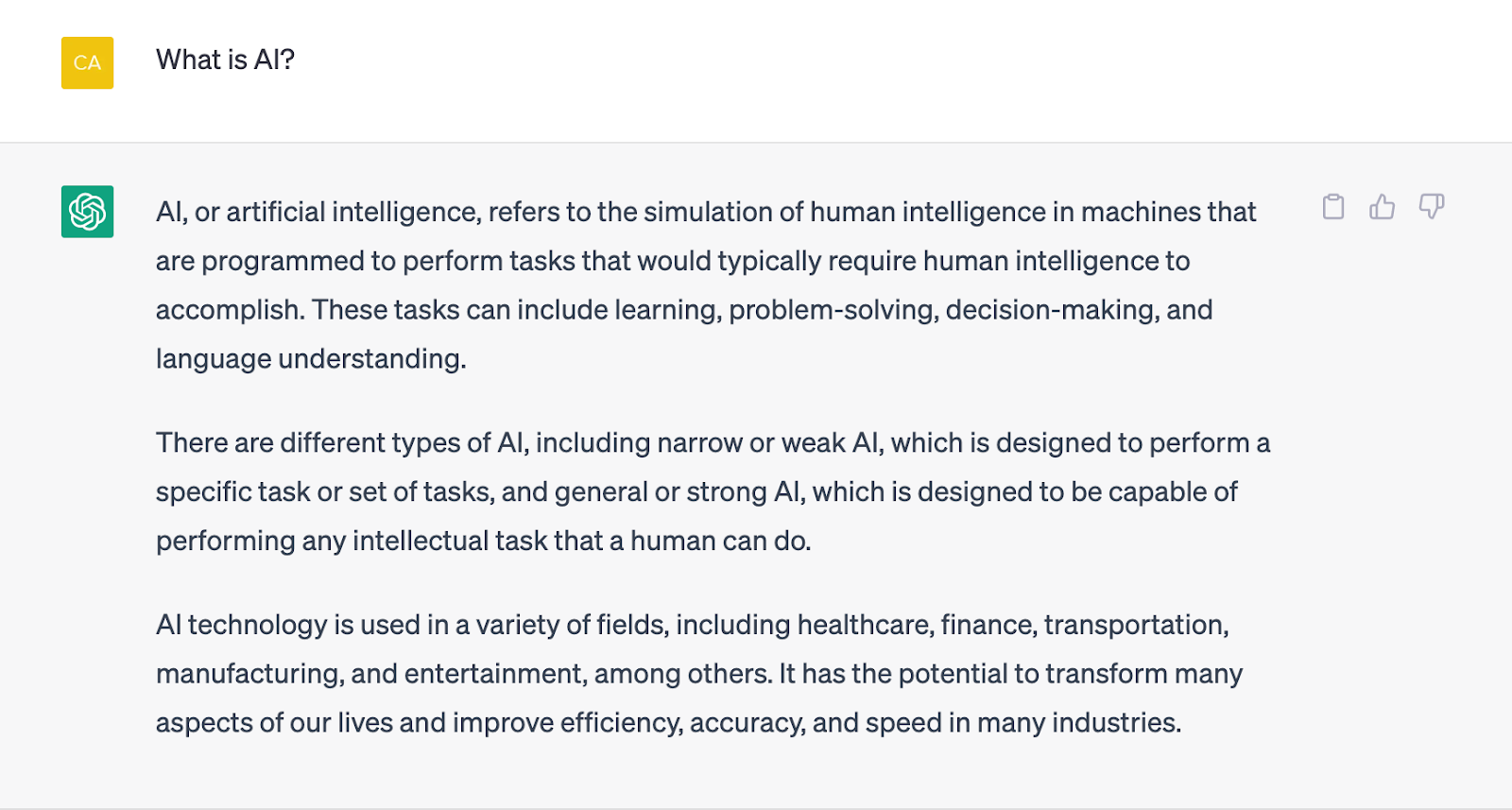 ChatGPT explaining what it is within the larger domain of AI