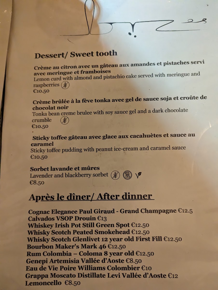 Bizes gluten-free menu