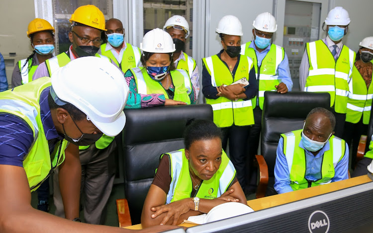 Energy Cabinet Secretary, Amb. Dr. Monica Juma joins senior Kengen staff in a tour of the control room at one of KenGen's Olkaria geothermal power stations in Naivasha. Kengen will pump an extra 83MW of geothermal power into the national grid.