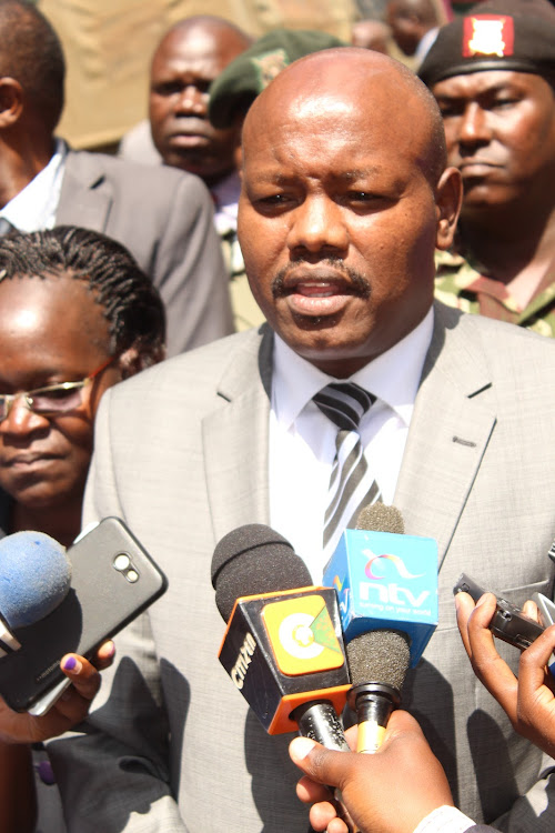 Former Nyeri County Commissioner David Kipkemei briefs the media outside his office in Nyeri town.