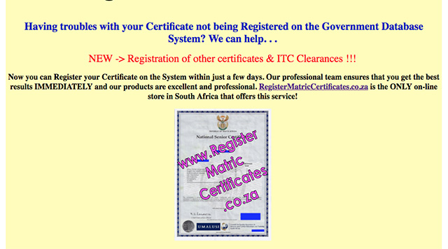 A screen grab of one of the websites peddling fake matric certificates