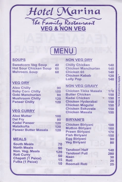 Hotel Marina menu 