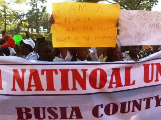 Nurses in Busia county protest over the non-implementation of their CBA in June 19, 2017. /JANE CHEROTICH