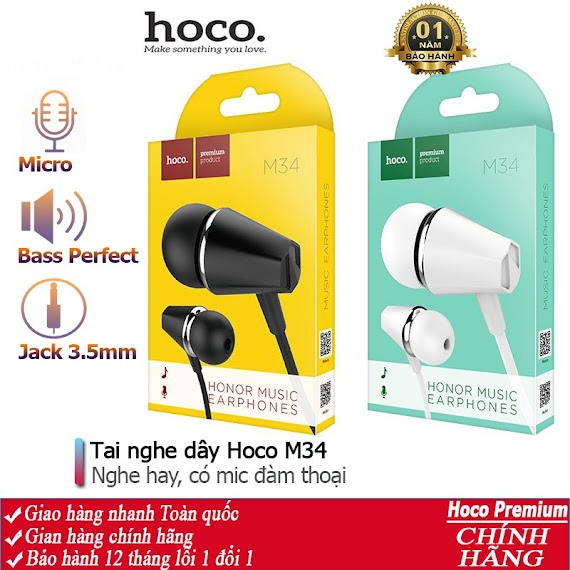 Tai Nghe Nhét Tai Hoco M34 Nghe Hay Có Mic Đàm Thoại, Dây Dài 1.2M, Jack Cắm 3.5Mm - Chính Hãng