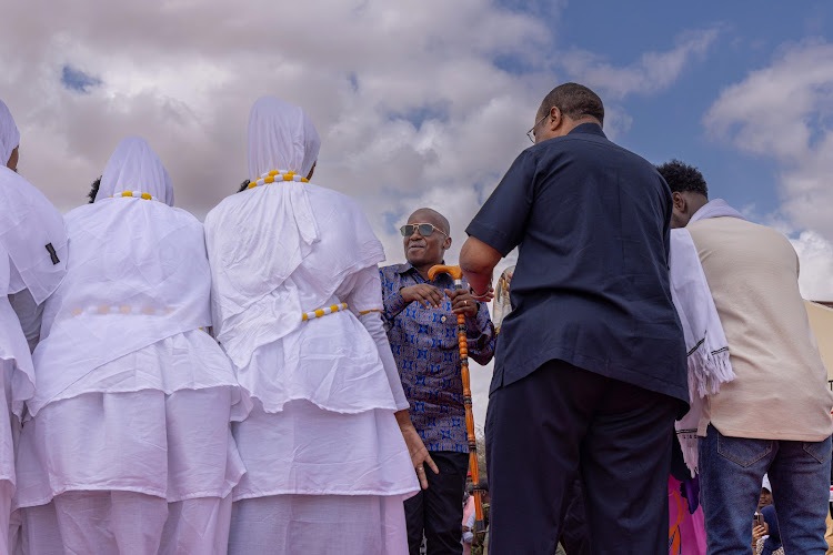 Interior Cabinet Secretary Kithure Kindiki being welcomed at Shanta Abaq Town in Lagdera Constituency in Garissa on March 5, 2024