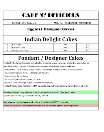 Cake 'O' Delicious menu 