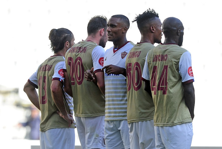 Mogamad Rafiq De Goede of Stellenbosch FC lines up a wall during the Absa Premiership 2019/20 game between Stellenbosch FC and Highlands Park at Cape Town Stadium on 9 November 2019.