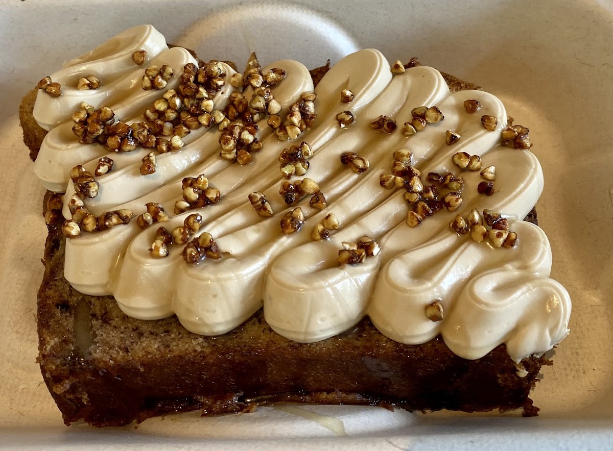 GF walnut banana bread with espresso mascarpone and toasted buckwheat