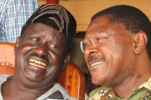 Cord leaders Raila Odinga and Moses Wetang’ula during a joint memorial service of the late Jaramogi Oginga Odinga and Fidel Odinga at Jaramogi University grounds in Bondo on lastweek. PHOTO/JUSTUS OCHIENG