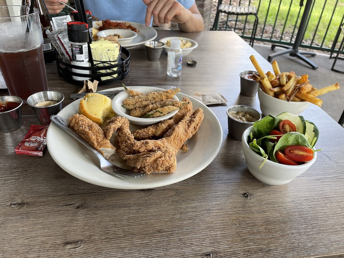 Gluten free chicken tenders, fried okra, fries, & salad