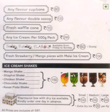 Natural Ice Cream menu 