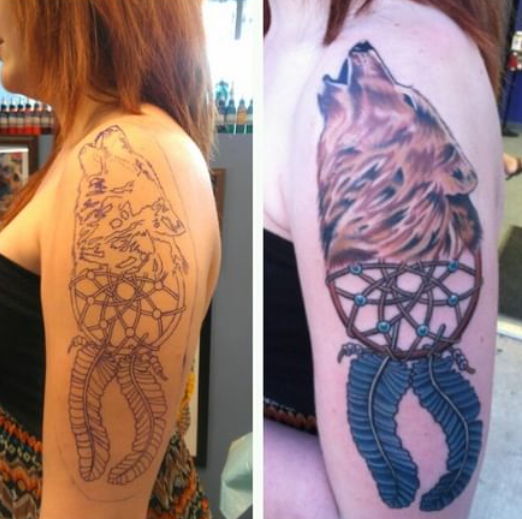 Nice Wolf Dream Catcher Tattoo