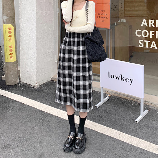 Title 6, Plaid A-line skirt retro high waist split strai...