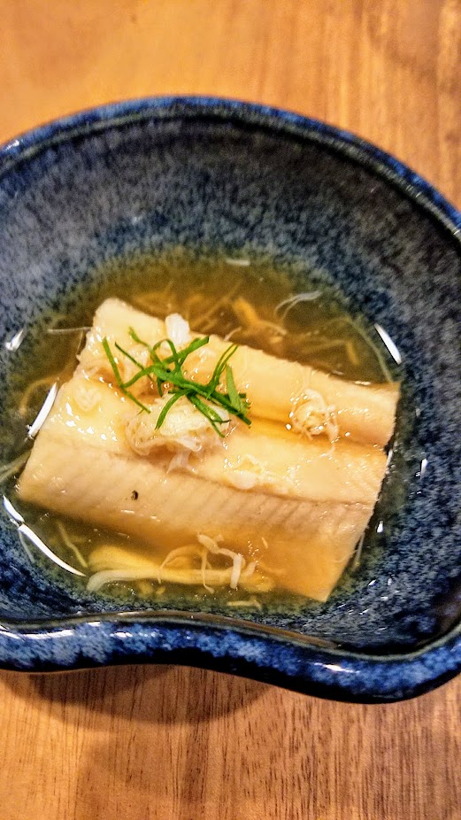 Nodoguro Twin Peaks themed dinner dish of Tofu, Crab, and Eel, a seasonal dish with oceanic summer eel poached inn soy sauce over a tofu mousse with local Dungeness Crab