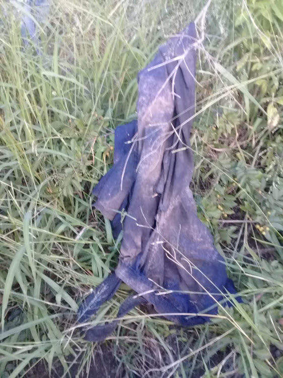 Pair of pants worn by a suspected poacher allegedly killed by an elephant, before his remains were eaten by lions.