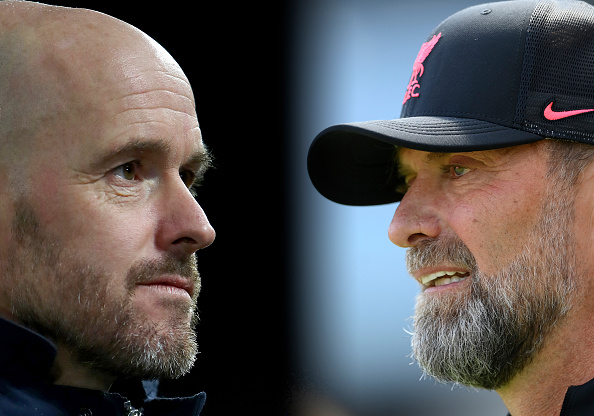 Manchester United coach Erik ten Hag (L) and Juergen Klopp of Liverpool will go up against each other this weekend.