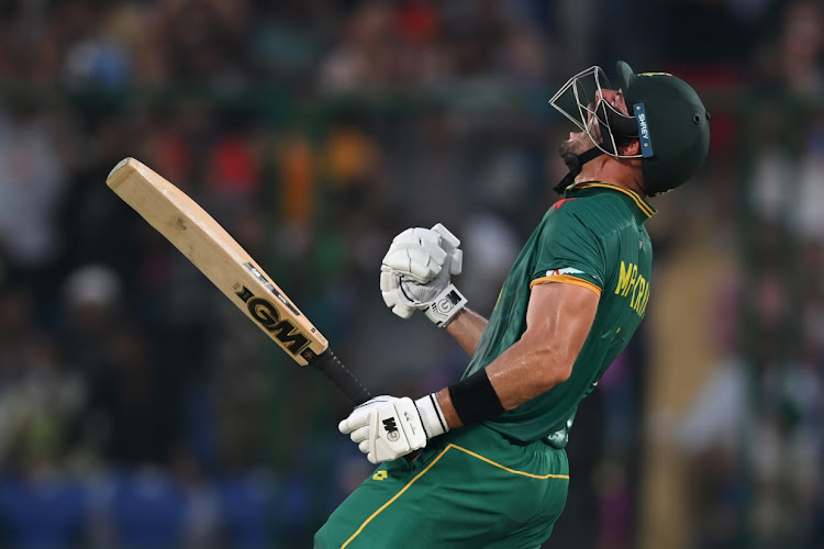 South Africa's Aiden Markram celebrates after reaching his century in the ICC 2023 Cricket World Cup match against Sri Lanka at Arun Jaitley Stadium in Delhi on Saturday.