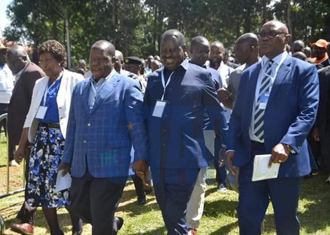 Kitui Governor Charity Ngilu, Interior CS Fred Matiangi, ODM party leader Raila Odinga and Kisii Governor James Ongwae arrive for the BBI leaders forum at Kisii Sports Club on Friday, January 10, 2020.