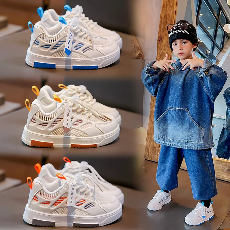 Fashion Children's Breathable Mesh Shoes, Medium and Large Kids' Sneakers, Boys' White Shoes, comfortable and perfect fo