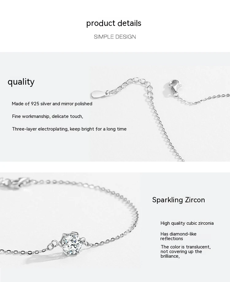 Bracelet en argent sterling S925 avec diamant unique à six griffes pour un éclat exceptionnel et un style intemporel, idéal pour toutes les occasions.