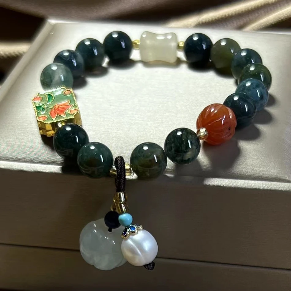 Bracelet en agate avec plantes aquatiques naturelles pour femmes Style national rétro pour un look vintage et élégant au quotidien.
