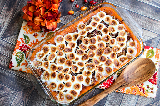 Twice Baked Sweet Potato Casserole with toasted marshmallows and pecans.