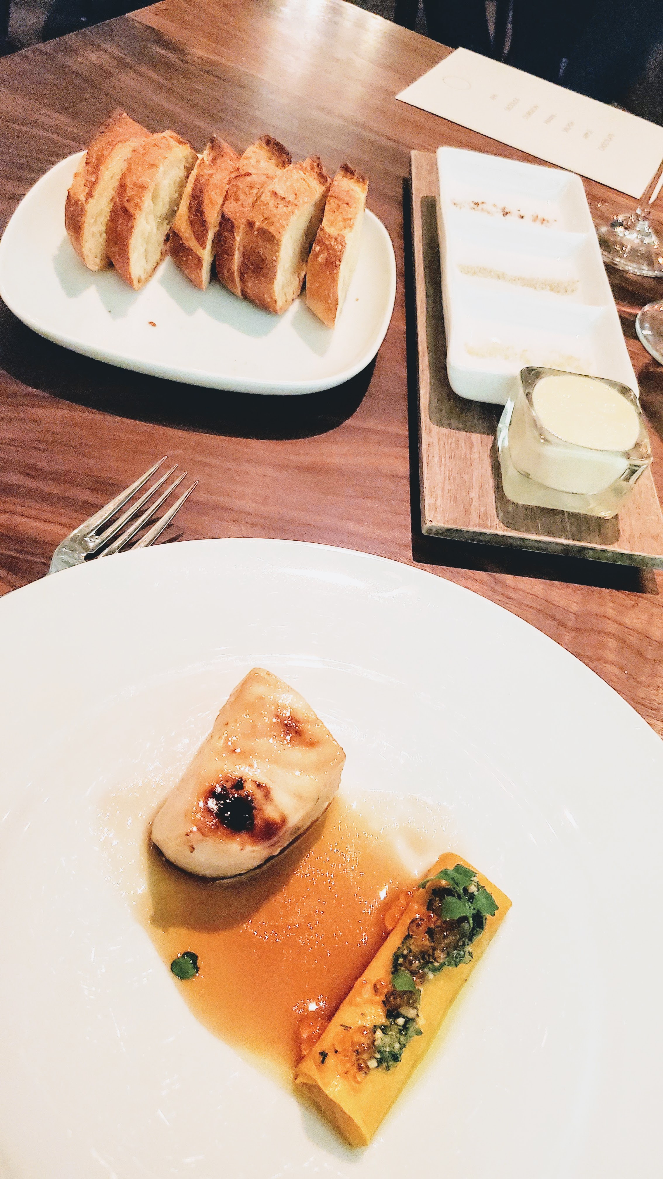 Chef's Menu at Roe PDX, Columbia River Sturgeon with maple miso glaze that is cured, lightly smoked, then grilled and served with roasted squash and squash jus and a hazelnut salsa verde