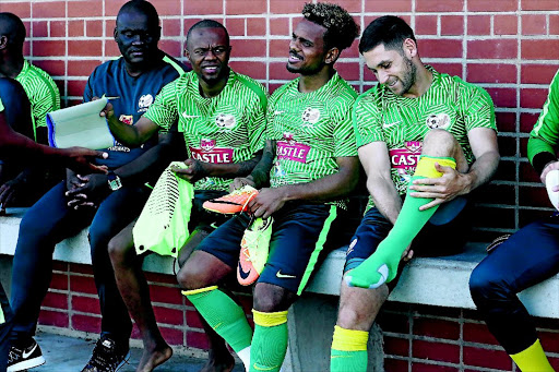 Thulani Serero, Kermit Erasmus and Dean Furman during the Bafana training session in Durban this week. / Anesh Debiky/Gallo Images