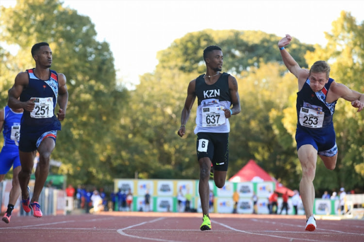 Henricho Bruintjies, Anaso Jobodwana and Emile Erasmus in the semi final of the men's 100m during day 1 of the ASA Senior Championships at PUK McArthur Stadium on April 21, 2017 in Potchefstroom, South Africa.