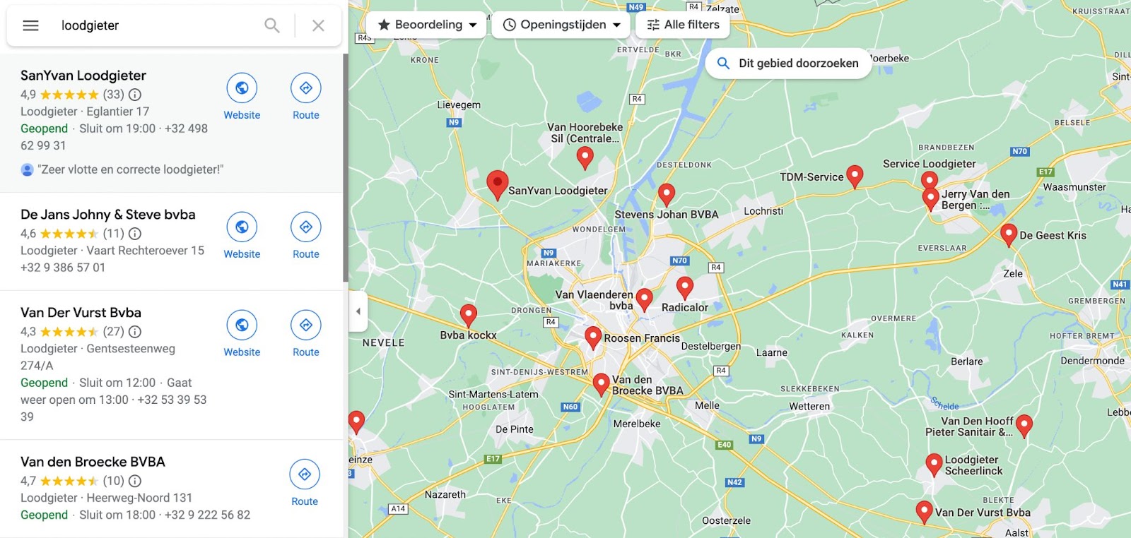 Loodgieter zoekopdracht in Google maps