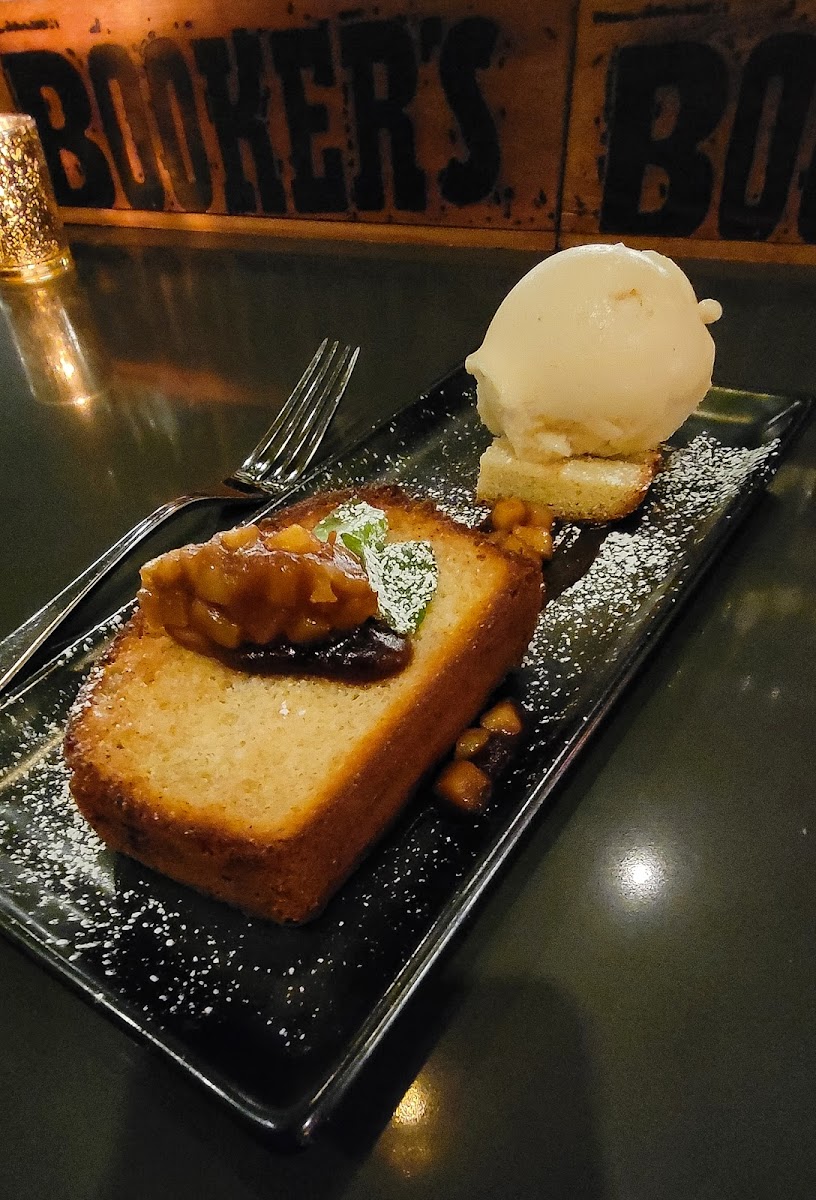 Brown butter pound cake with pear sorbet and apple compote