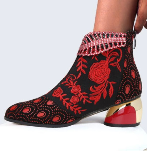 Title 5, Womens leather embroidered thick heel boots, p...