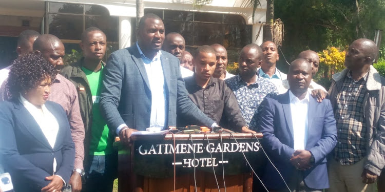 Meru Majority leader Evans Mawira (Mitunguu) and other MCAs at a press briefing on Saturday at Gatimene Gardens, September 23, 2023.