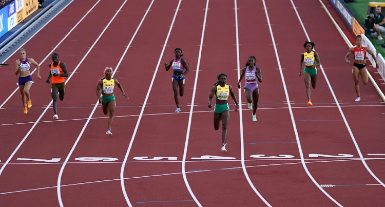 Jamaica's Shericka Jackson in action before crossing the line to win the women's 200 metres final ahead of second-placed Shelly-Ann Fraser-Pryce, also of Jamaica, and third-placed Briton Dina Asher-Smith.