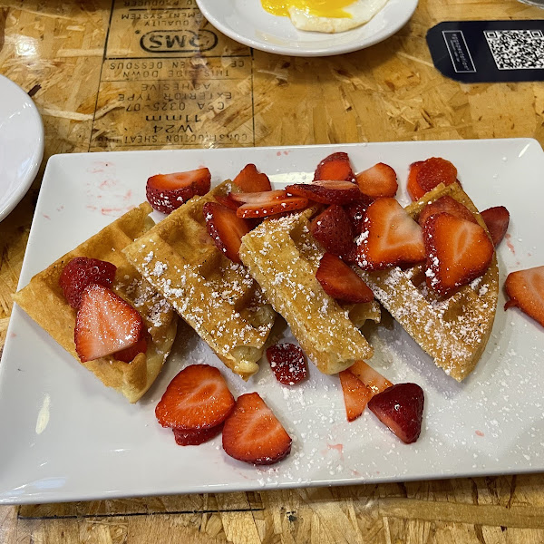 GF waffles with strawberries and salted caramel sauce - yummm!