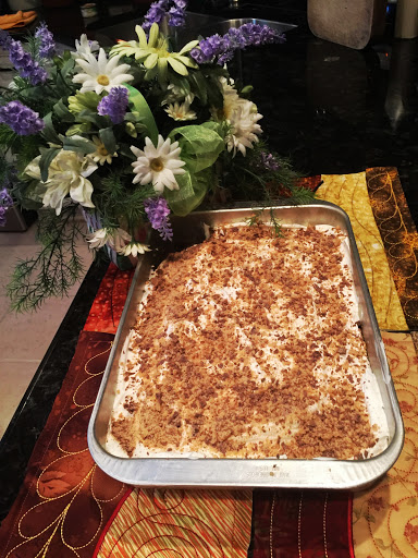 This caramel cake is a great way to end a meal.  Good choice to take to a pot luck. Cake on the counter just waiting to be served