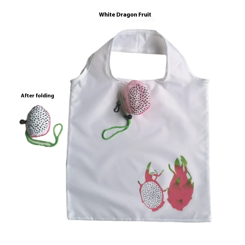 Bolsa de compras dobrável portátil em formato de morango, reutilizável e compacta. Perfeita para compras, viagens e praticidade.