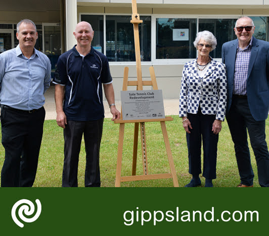 (From left) Wellington Shire Council Mayor Cr Ian Bye helps Sale Tennis Club president Robin Lowe, Deirdre Relph on behalf of the John Leslie Foundation, and Latrobe Valley Authority grants manager Laurie Paton open the redevelopment of the facility