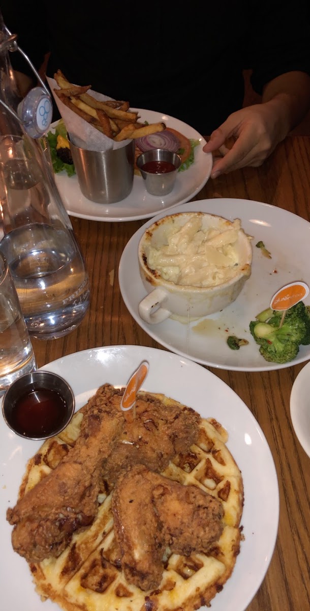 fried chicken and cheddar waffle with honey habanero dip!