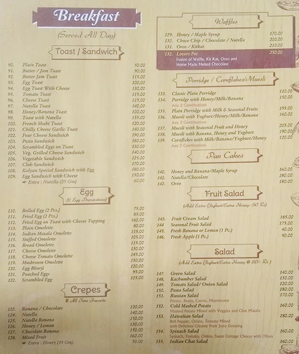 Kalyan Rooftop And Indoor Restaurant menu 