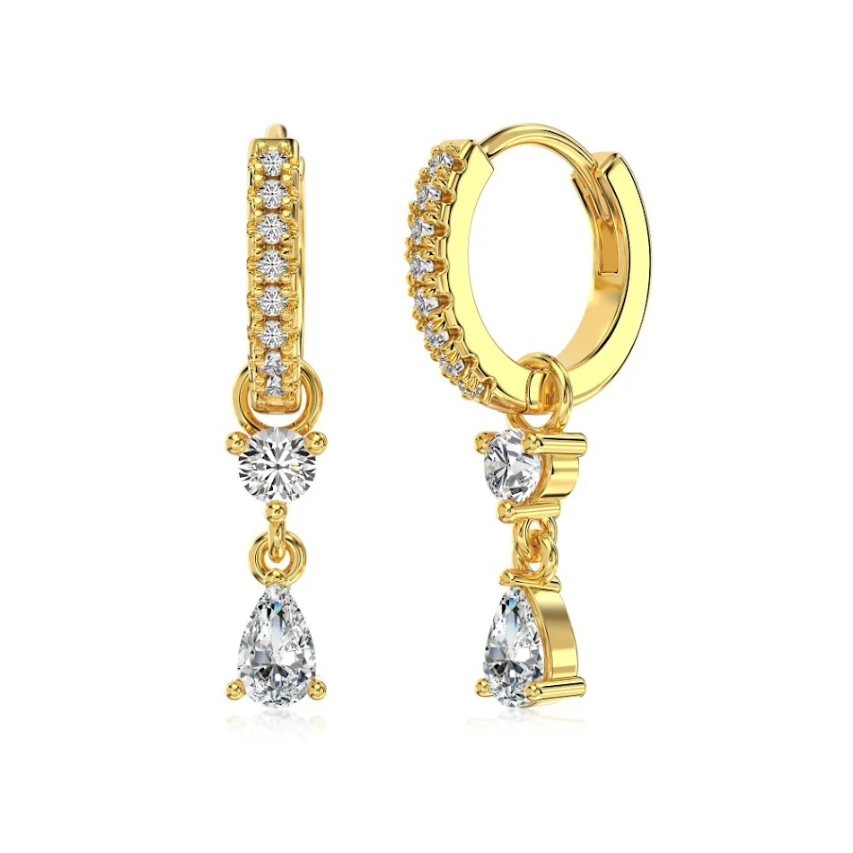 Boucles d'oreilles exquises en argent S925 avec zircone blanc, goutte d'eau et connexion en forme de poire. Design compact et raffiné.