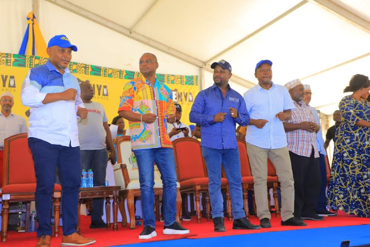 Kilifi Governor Amason Kingi joined by PAA gubernatorial candidates George Kithi (second right), of Kilifi County, Dr William Kingi (Mombasa) and Lung'anzi Mangale (Kwale), among other leaders at the PAA delegates meeting in Kilifi town.