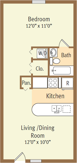 Go to Studio, One Bath Floorplan page.