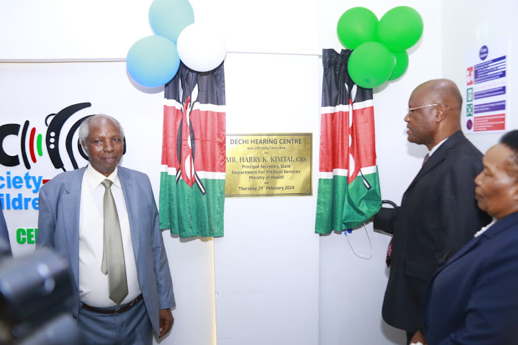 Director clinical services at the Ministry of Health Manasseh Bocha and the Kenya Society for Deaf Children (KSDC) chairperson Francis Ng’ang’a during the official launch of Dechi Hearing Centre in Upper Hill on February 29, 2024