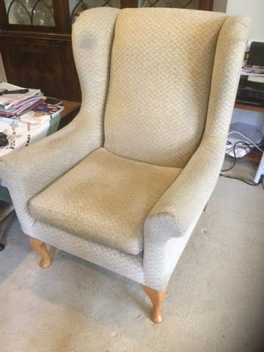 Lesley has re-upholstered these two Wingchairs and a foot stool in a Wemyess fibreguard, cadet blue from their Nomad weave collection.