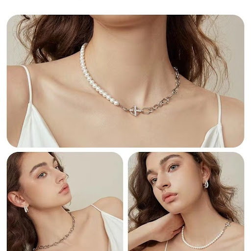 Title 4, New Hoop and Pearl Chain Stitching Necklace for...