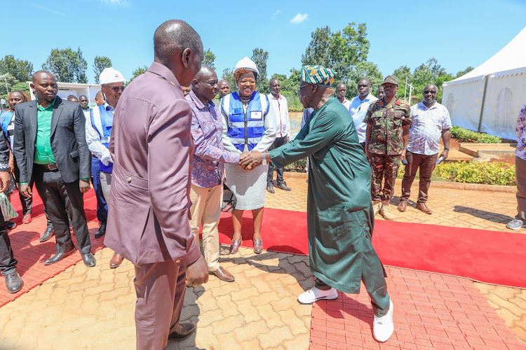 Former Nigerian President Olusegun Obasanjo greeting Deputy President Rigathi Gachagua as President William Ruto looks on February 15, 2024.