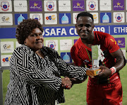 Bidvest Wits and Malawi forward Gabadinho Mhango receives his man of the match award after a sterling display in the Cosafa Cup match against Seychelles at King Zwelithini Stadium in Durban on May 26 2019.  