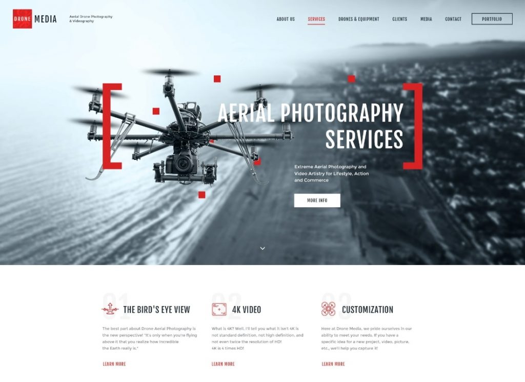 Drone Media |  Tema de WordPress para fotografía aérea y videografía + Elementor