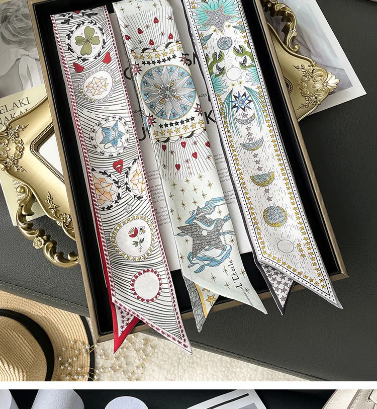 Dunne, lange zijden sjaal, smalle haarband of armband. Decoratie voor tas of haar. Stijlvol en veelzijdig accessoire.